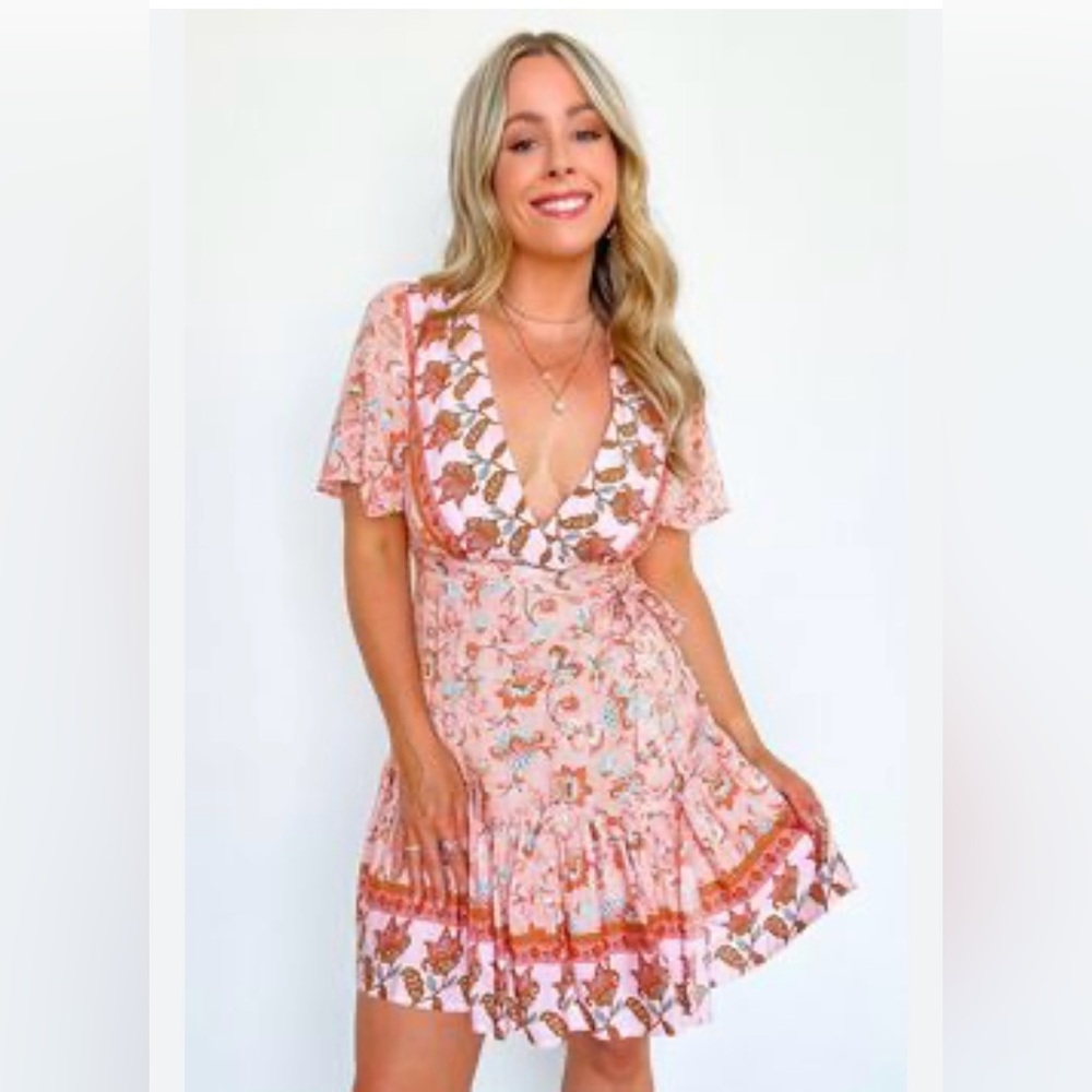 Collective Rack Wrap V Neck Bohemian Floral Print Ruffle Swing A-Line Dress (S)